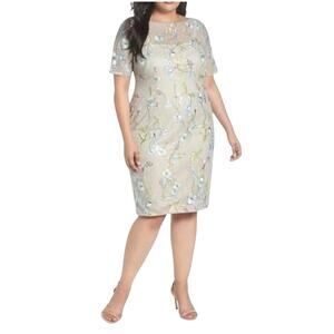 NEW Adrianna Papell Beaded Sheath Dress Size 14W Embroidered Floral Lace Gray